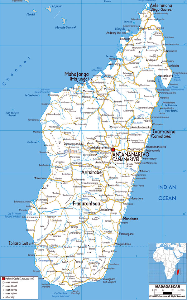 Large detailed roads map of Madagascar with all cities and airports.