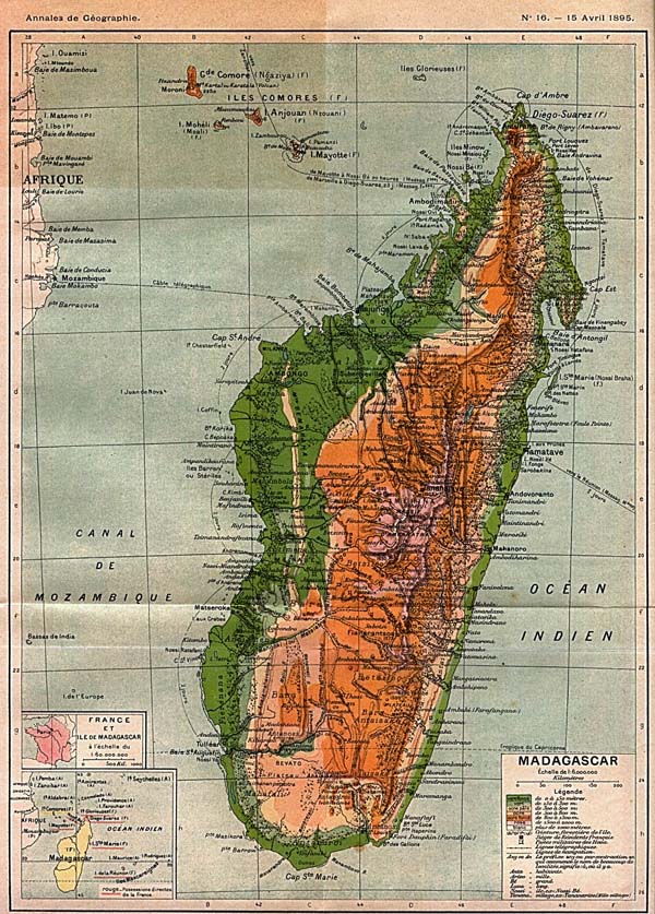 Large old physical map of Madagascar - 1895.