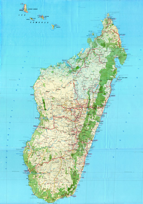 Large scale (HiRes) detailed roads map of Madagascar with relief, all cities and villages, airports and other marks.