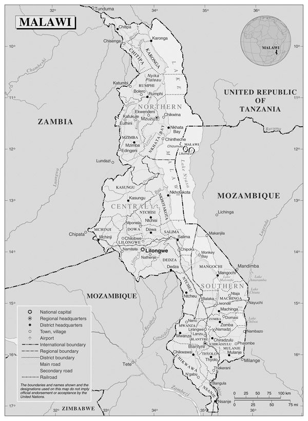 Administrative map of Malawi with all cities.