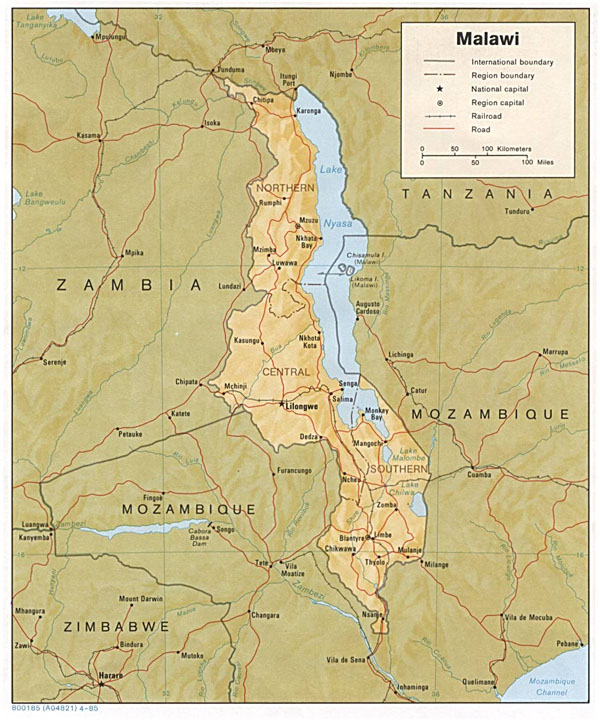 Detailed relief and political map of Malawi.