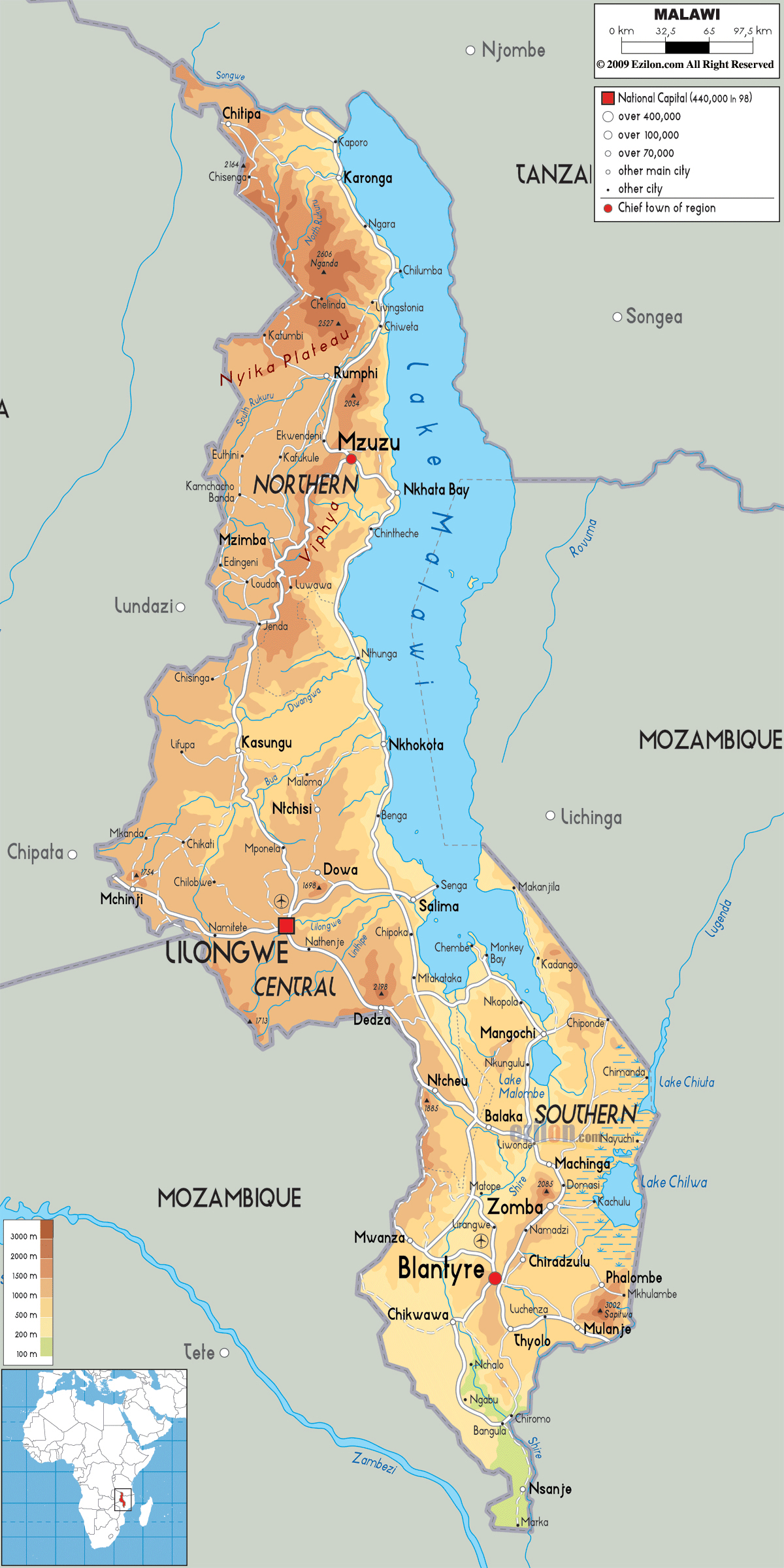 Large Detailed Physical Map Of Malawi With Roads And Cities For Free 