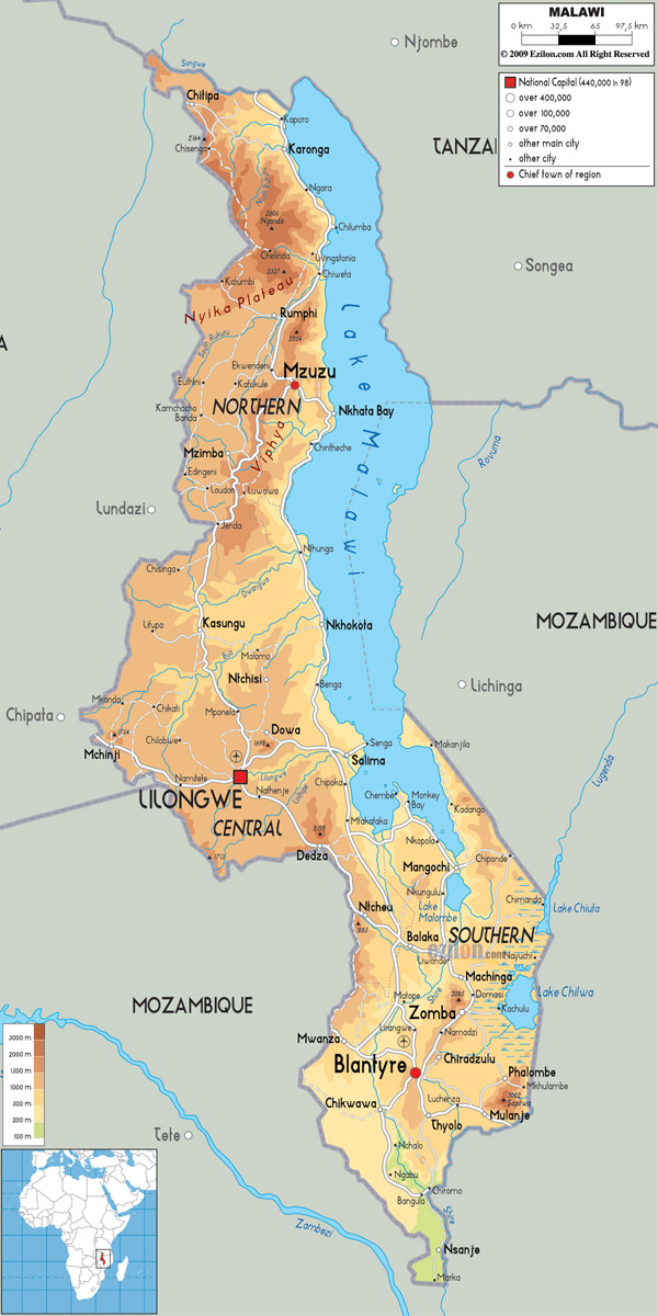 Large detailed physical map of Malawi with roads and cities.