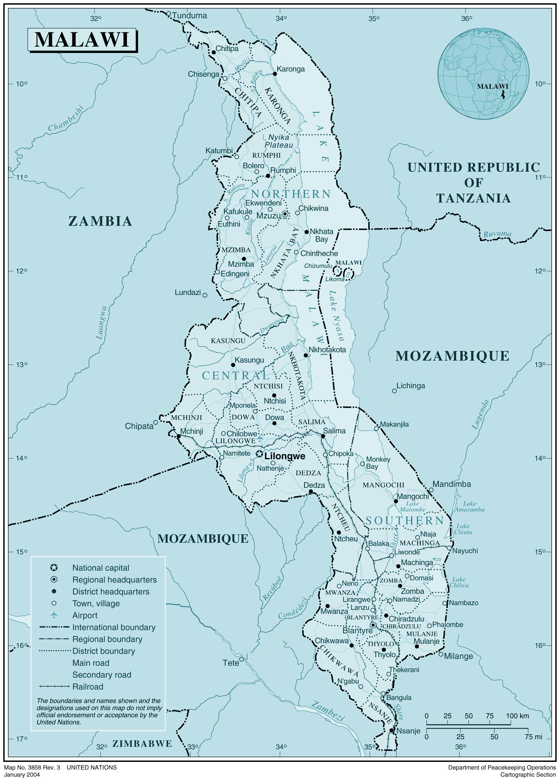Malawi Large Detailed Political And Administrative Map With All Cities Roads And Airports Vidiani Com Maps Of All Countries In One Place