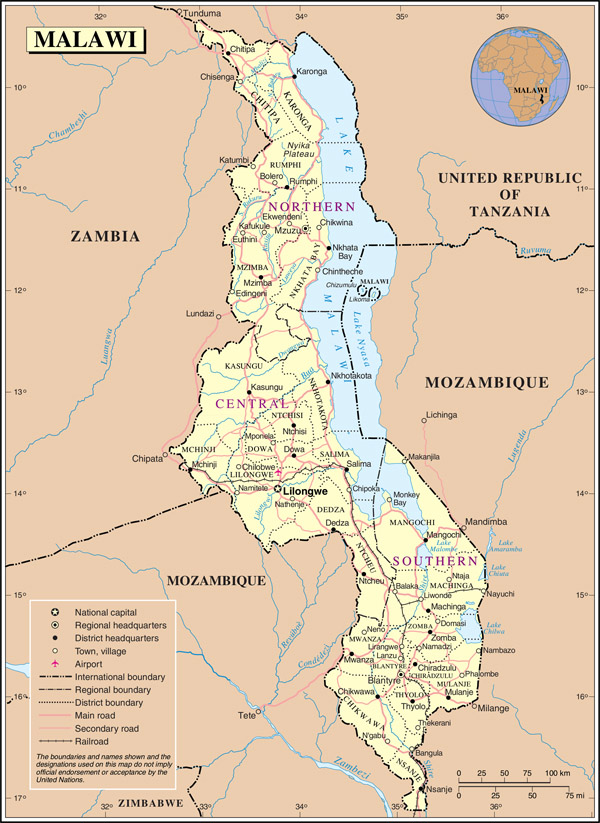 Large detailed political and administrative map of Malawi with all roads, cities and airports.