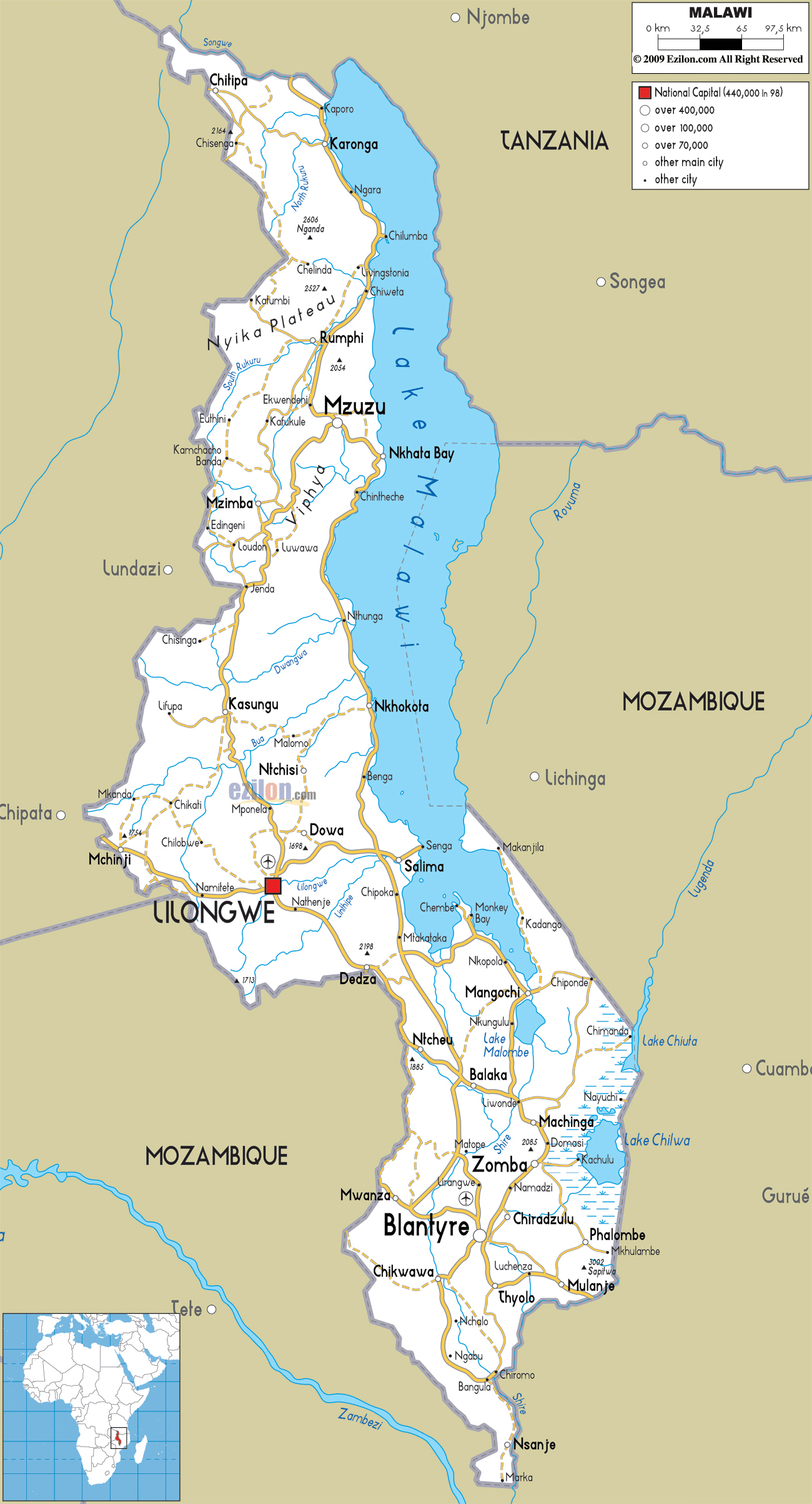 Large Detailed Road Map Of Malawi 