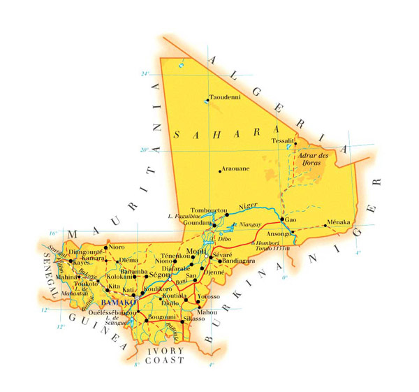 Detailed physical and road map of Mali. Mali detailed physical and road map.