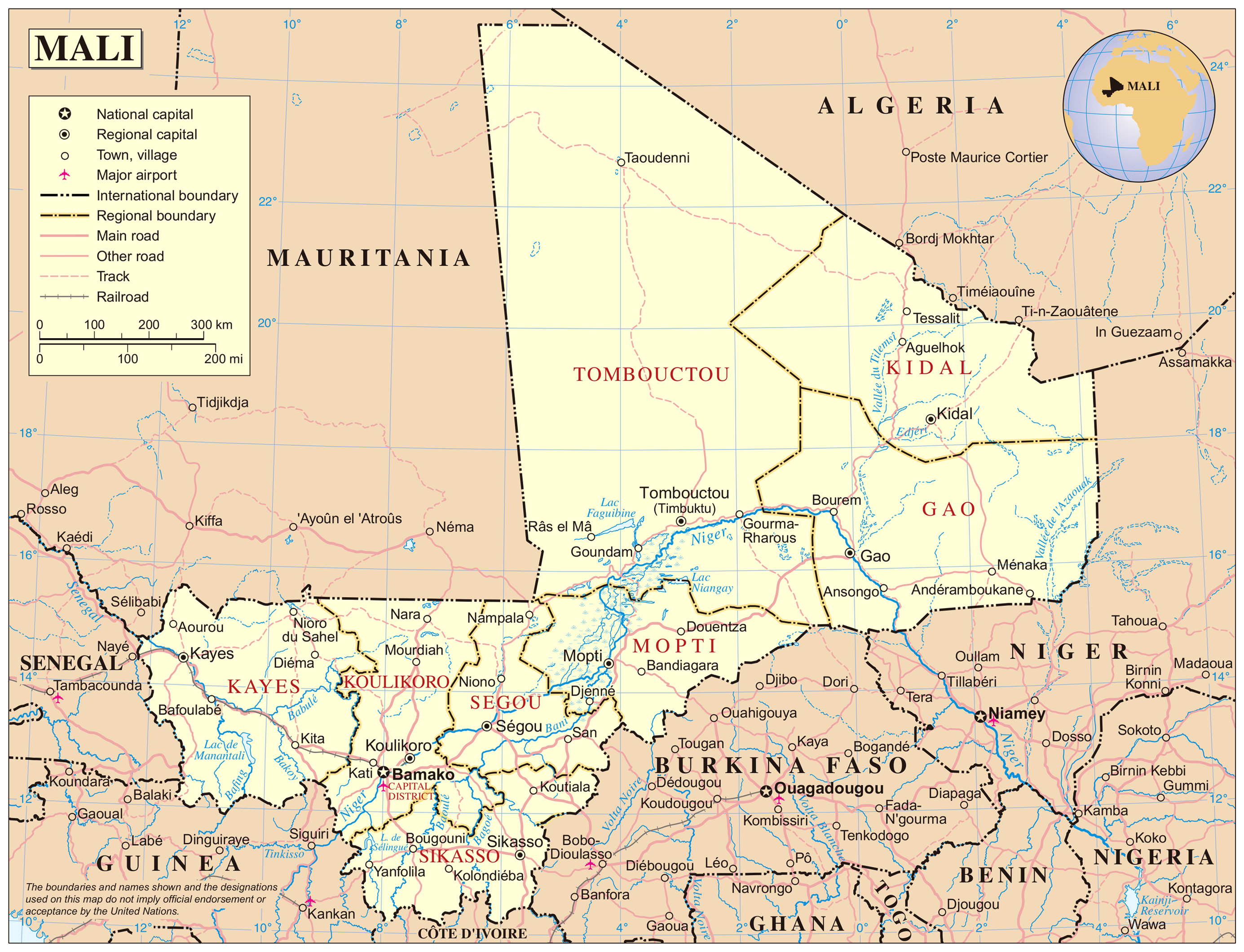 Detailed political map of Mali with cities. Mali detailed political map