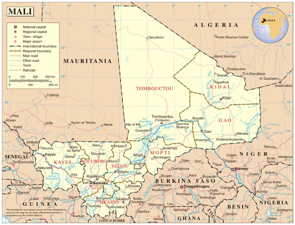 Detailed political map of Mali with cities.