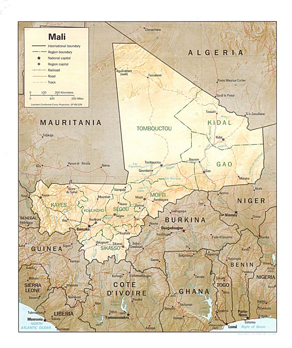 Detailed relief and political map of Mali. Mali detailed relief and political map.