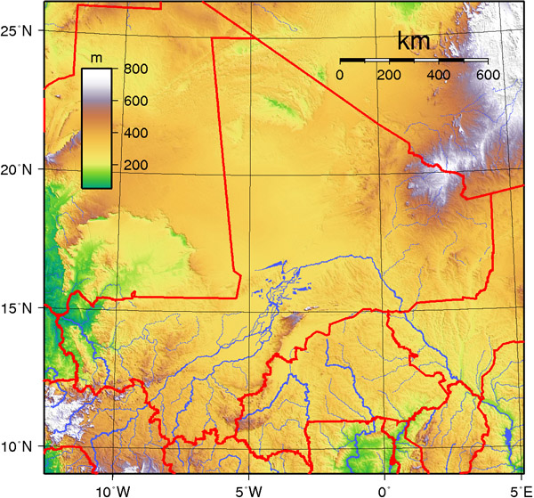 Detailed topographical map of Mali. Mali detailed topographical map.