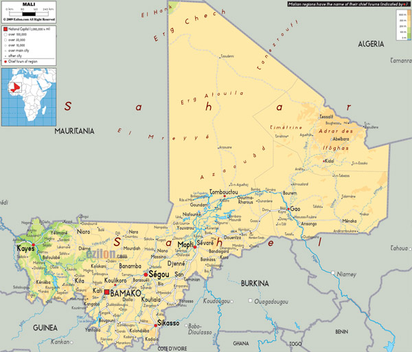 Large detailed physical map of Mali wit all cities, roads and airports.