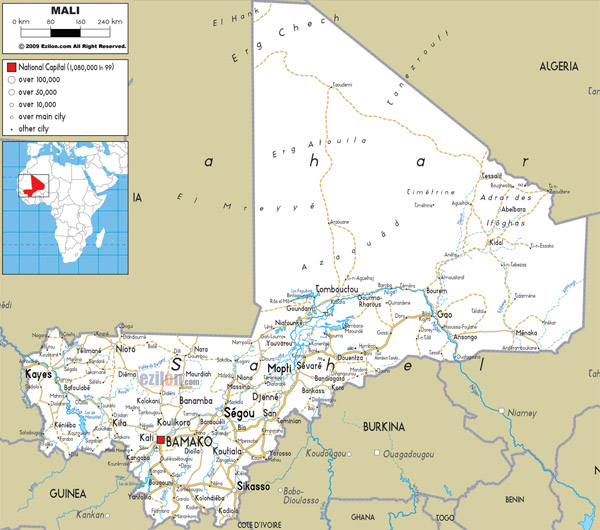 Large detailed road map of Mali wit all cities and airports.