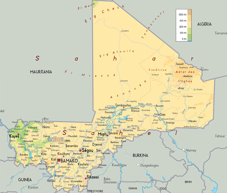 Mali physical map. Physical map of Mali.
