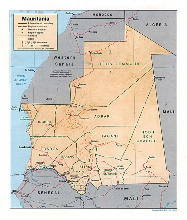 etailed relief and political map of Mauritania. Mauritania detailed relief and political map.