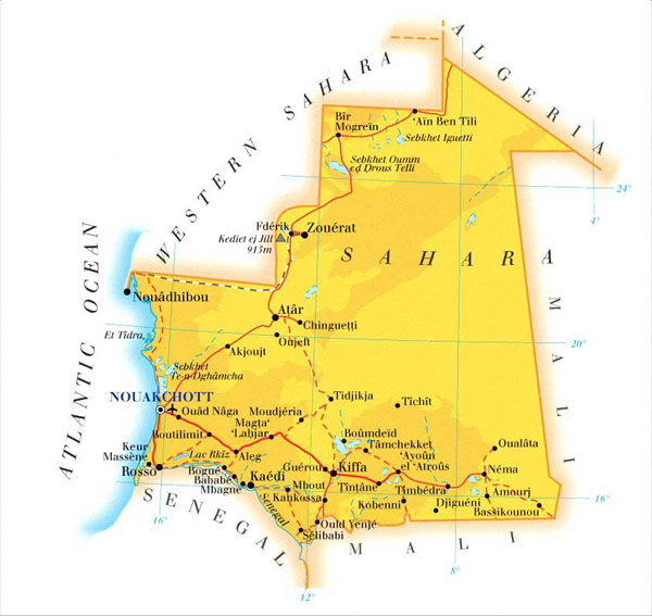 Mauritania road and physical map. Road and physical map of Mauritania.