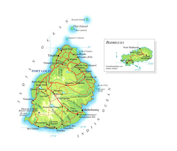 Detailed road and physical map of Mauritius.