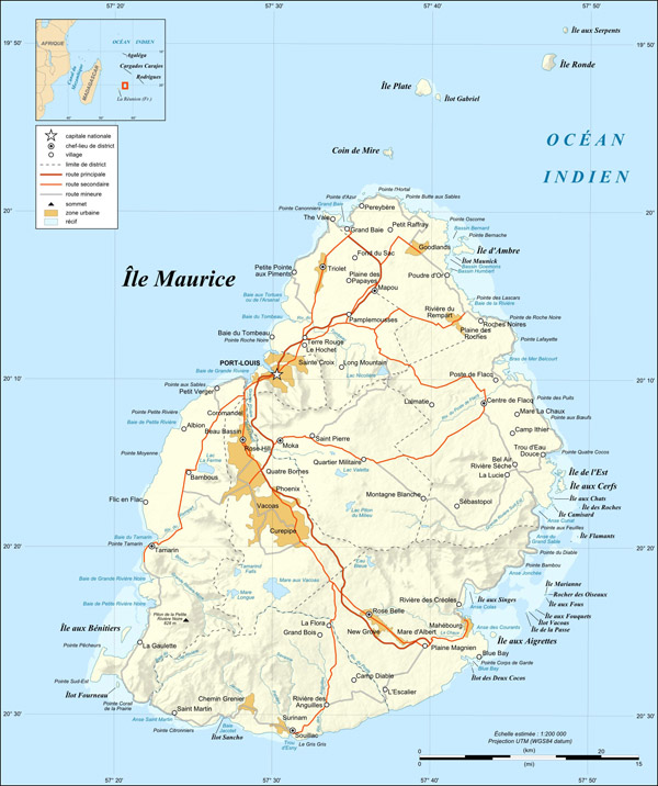 Large detailed relief and road map of Mauritius.