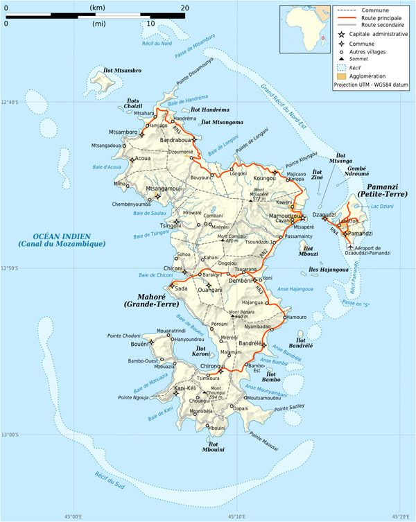 Detailed road and relief map of Mayotte Island. Mayotte Island detailed road and relief map.