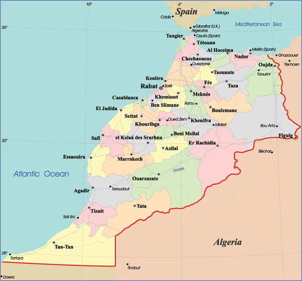 Detailed administrative map of Morocco with cities. Morocco detailed administrative map with cities. Detailed administrative map of Morocco with cities.