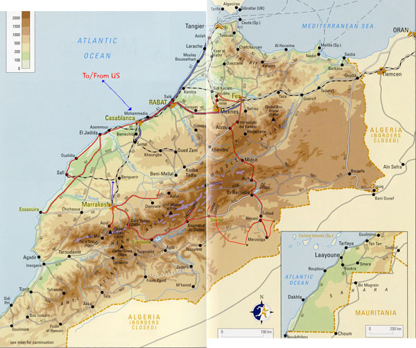 Detailed physical map of Morocco with roads. Morocco detailed physical map with roads.