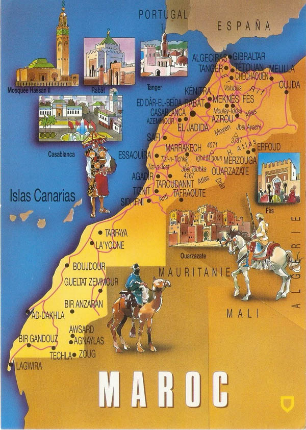 Detailed postcard map of Morocco. Morocco detailed postcard map.