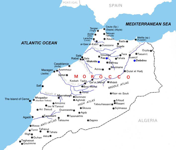 Detailed river map of Morocco. Morocco detailed river map.