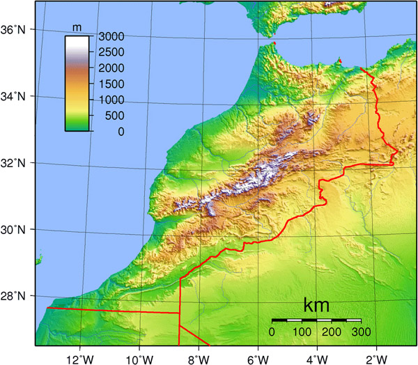 Detailed topographical map of Morocco. Morocco detailed topographical map.