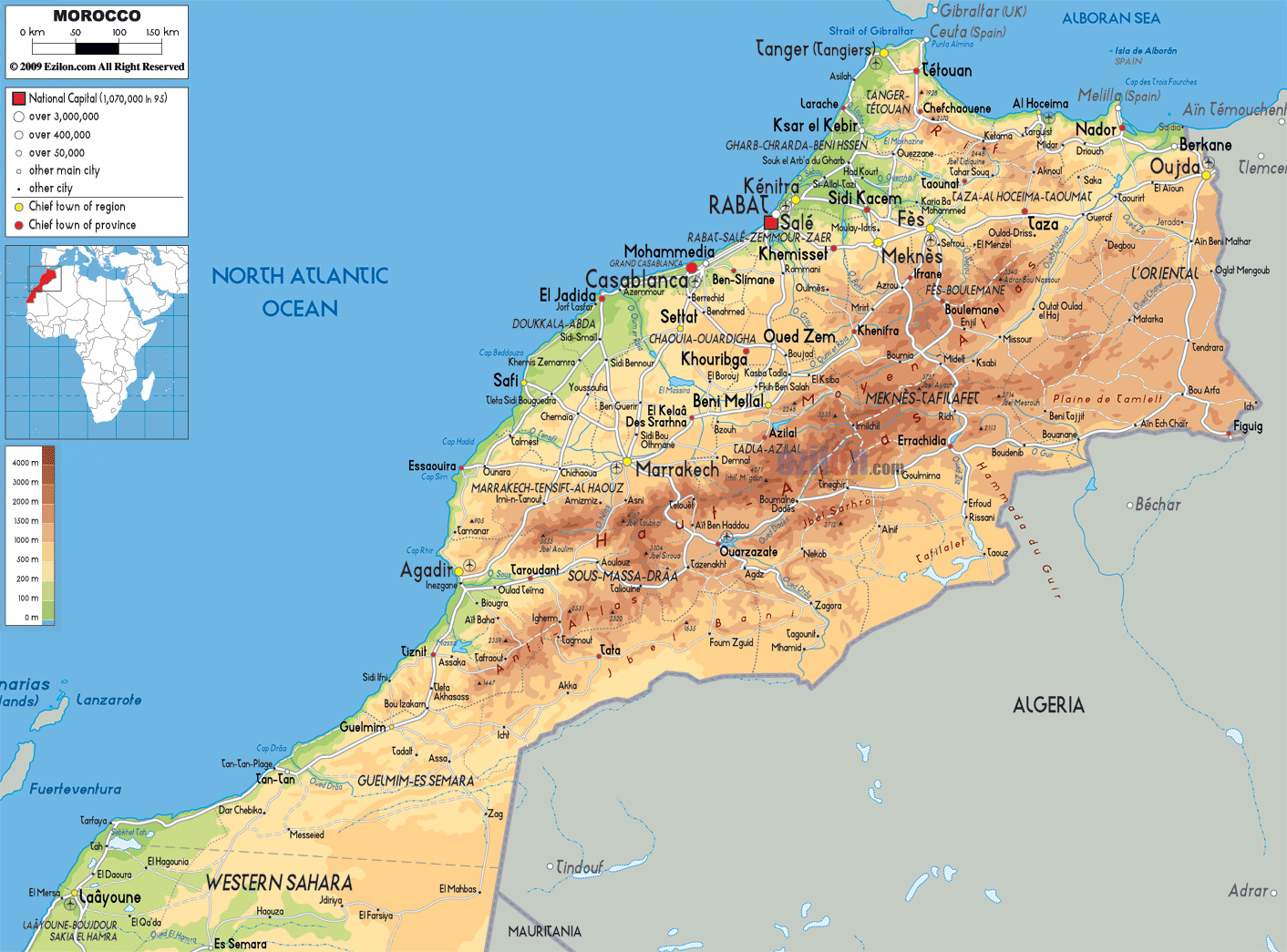 Large detailed physical map of Morocco with roads, cities and airports