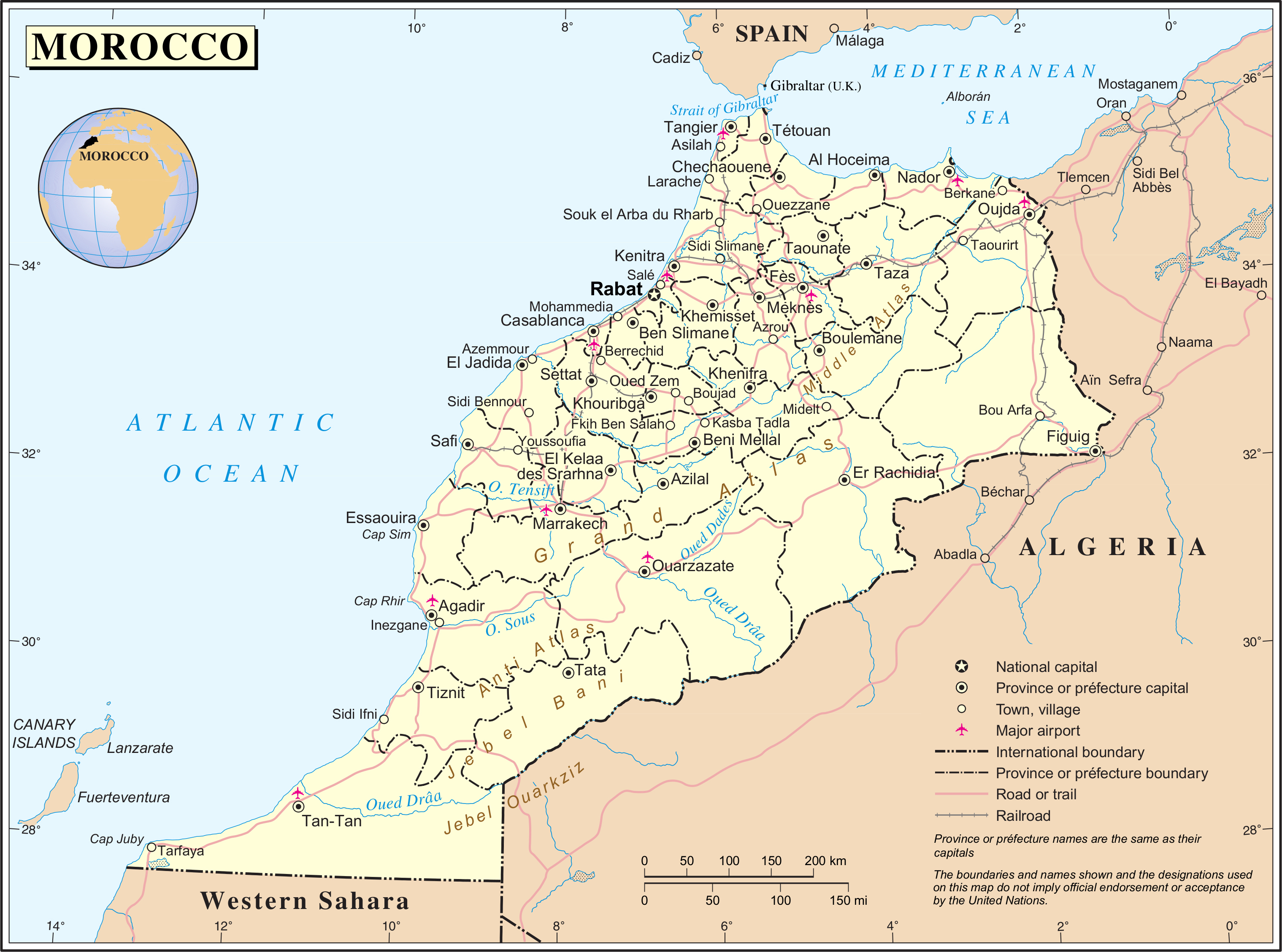 Large detailed political and administrative map of Morocco with all