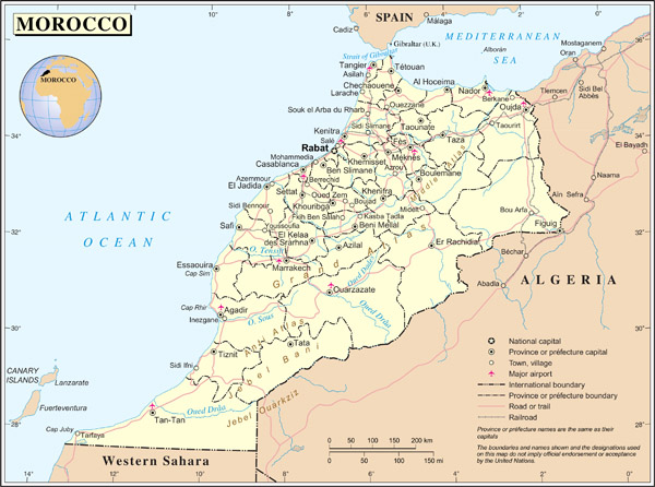 Large detailed political and administrative map of Morocco with all cities, roads and airports.