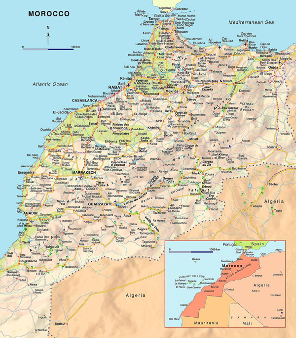 Large detailed road map of Morocco with airports.