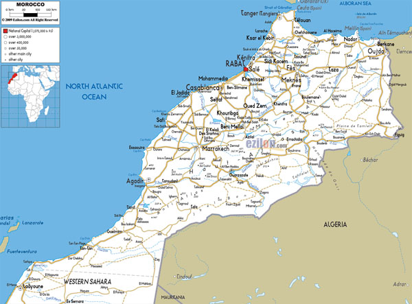 Large detailed roads map of Morocco with cities and airports.