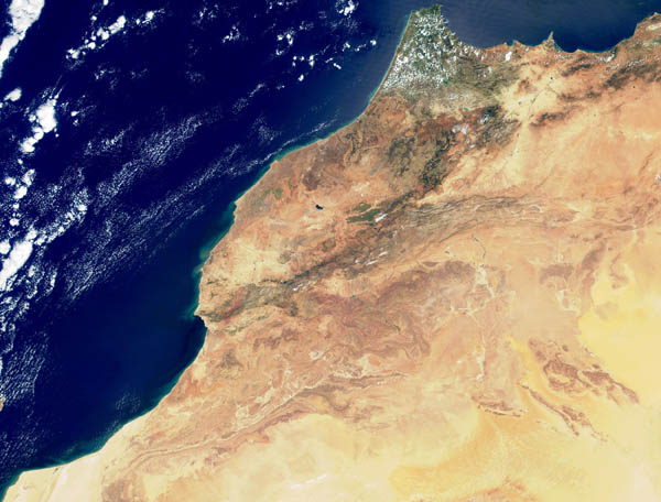 Large detailed satellite map (satellite image) of Morocco.