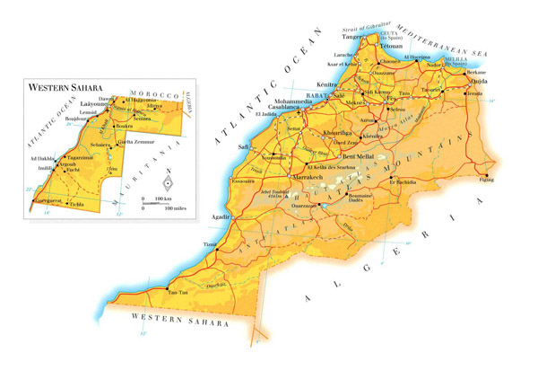 Physical and road map of Morocco. Morocco physical and road map.