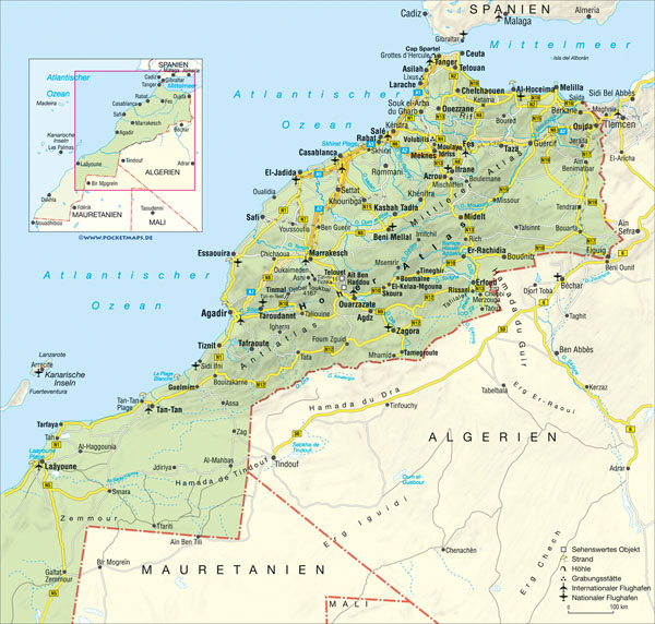 Road map of Morocco with relief, cities and airports.