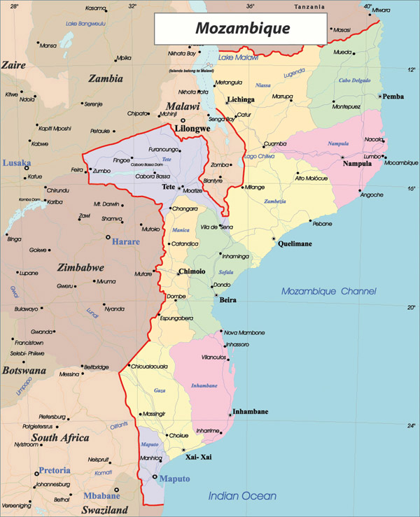 Detailed administrative map of Mozambique.