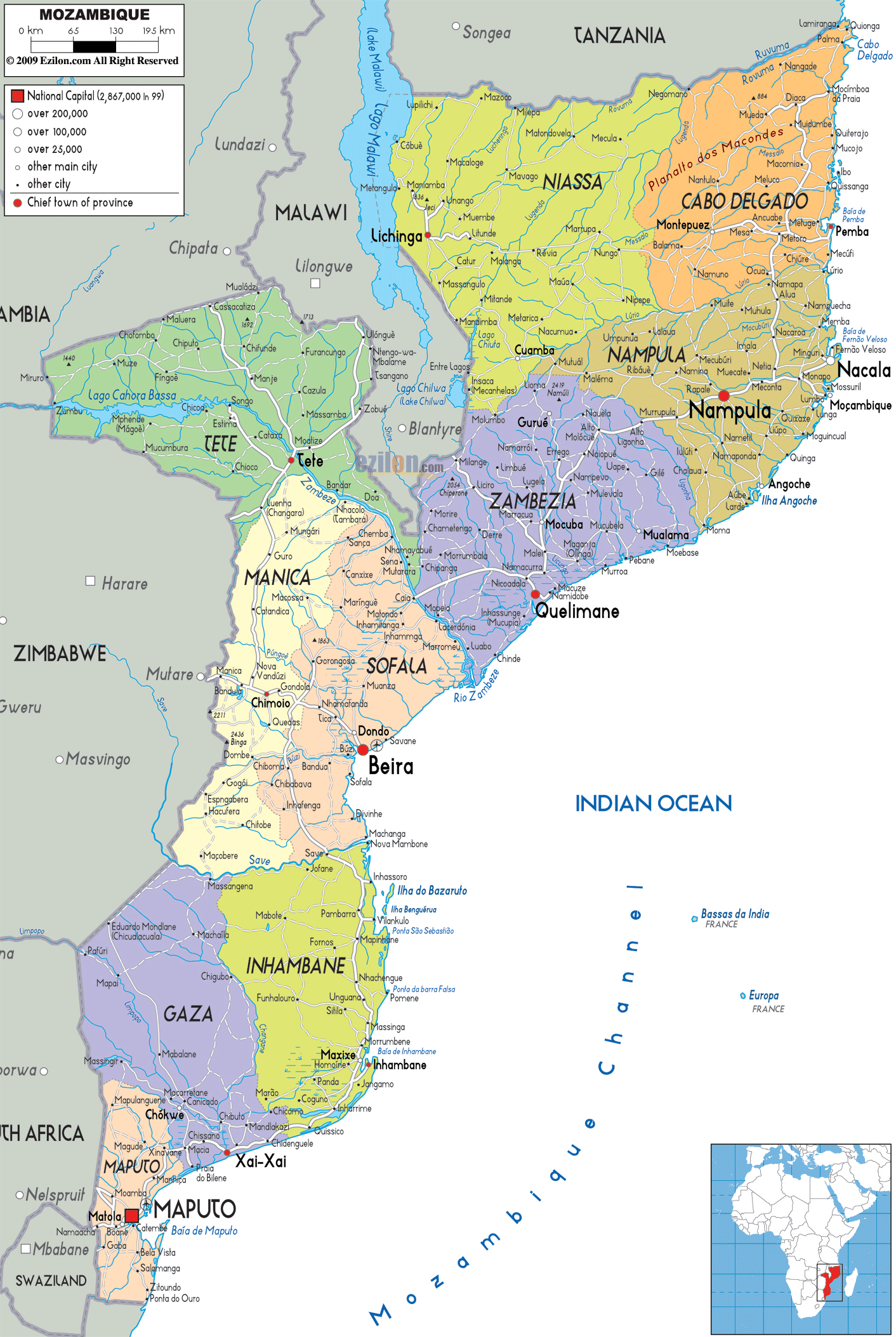 Detailed Administrative Map Of Mozambique With All Cities Roads And Airports Vidiani Com Maps Of All Countries In One Place