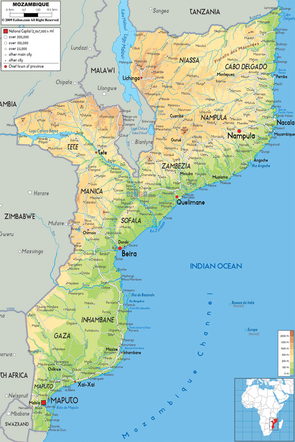 Detailed physical map of Mozambique with all cities and roads.