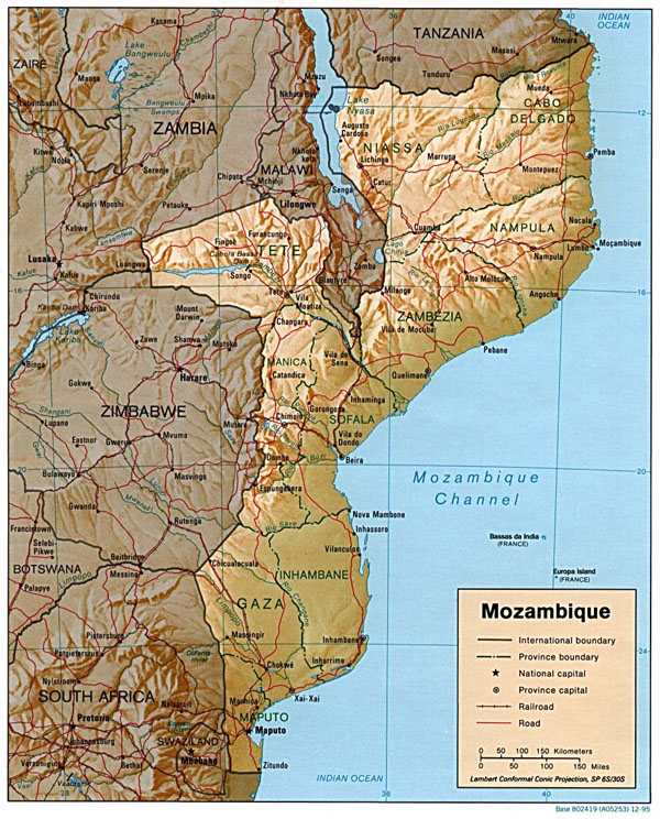 Detailed relief and political map of Mozambique. Mozambique detailed relief and political map.