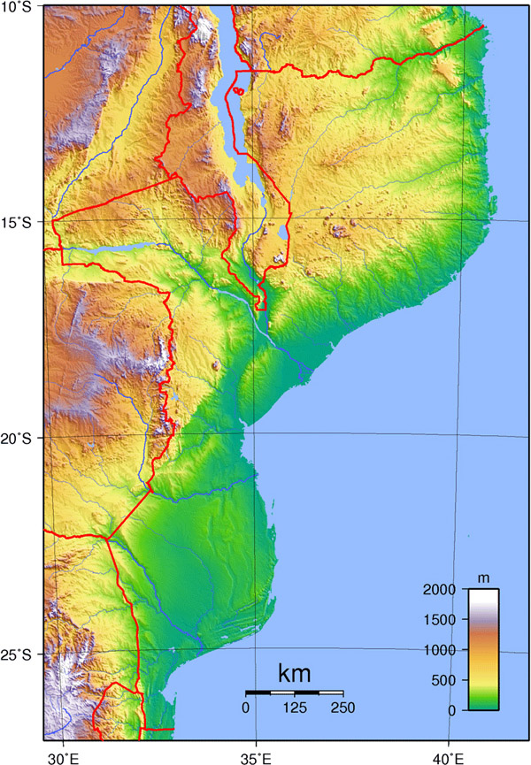 Detailed topographical map of Mozambique. Mozambique detailed topographical map.