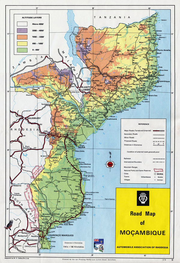 Large detailed road and physical map of Mozambique.