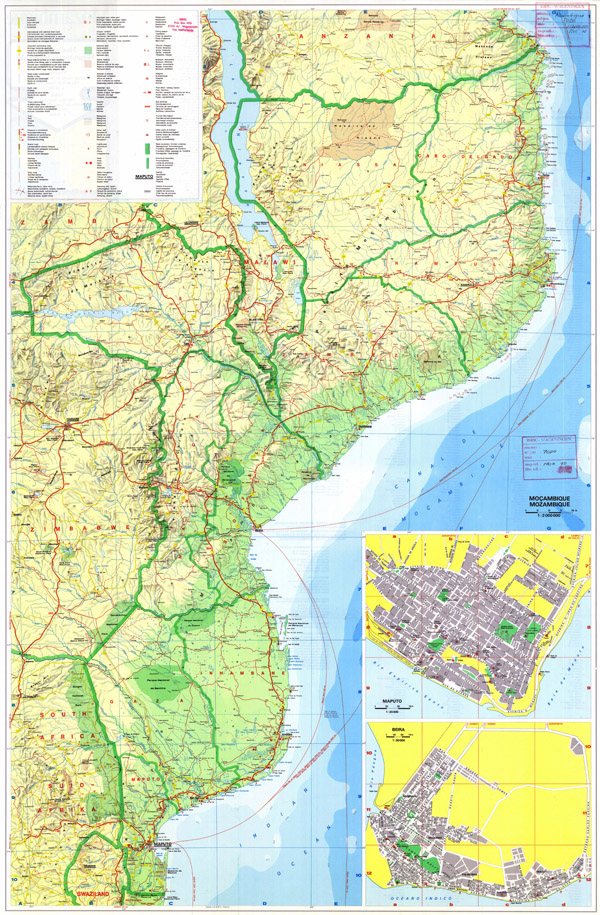 Large detailed road and topographical map of Mozambique with all cities.