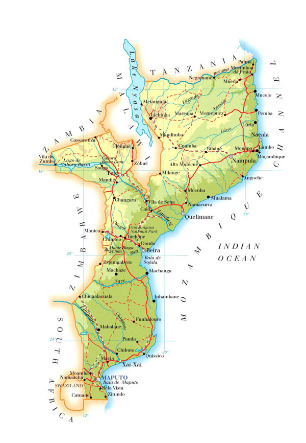 Physical and road map of Mozambique. Mozambique physical and road map.