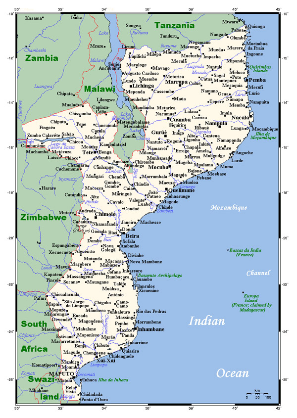 Political map of Mozambique with all cities.