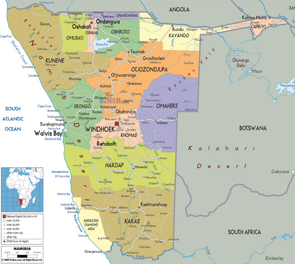 Detailed administrative and political map of Namibia.