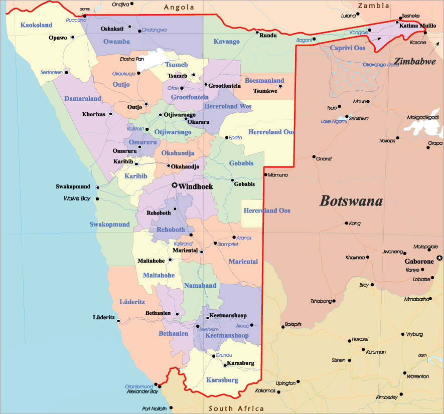 Detailed administrative map of Namibia with all cities and highways