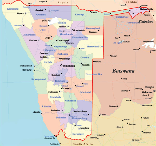 Detailed administrative map of Namibia with all cities and highways.