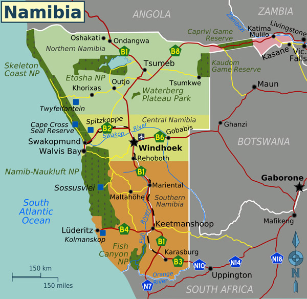 Detailed political map of Namibia with all cities and highways.