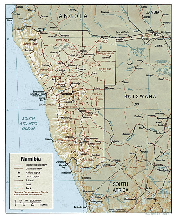 Detailed relief and administrative map of Namibia.